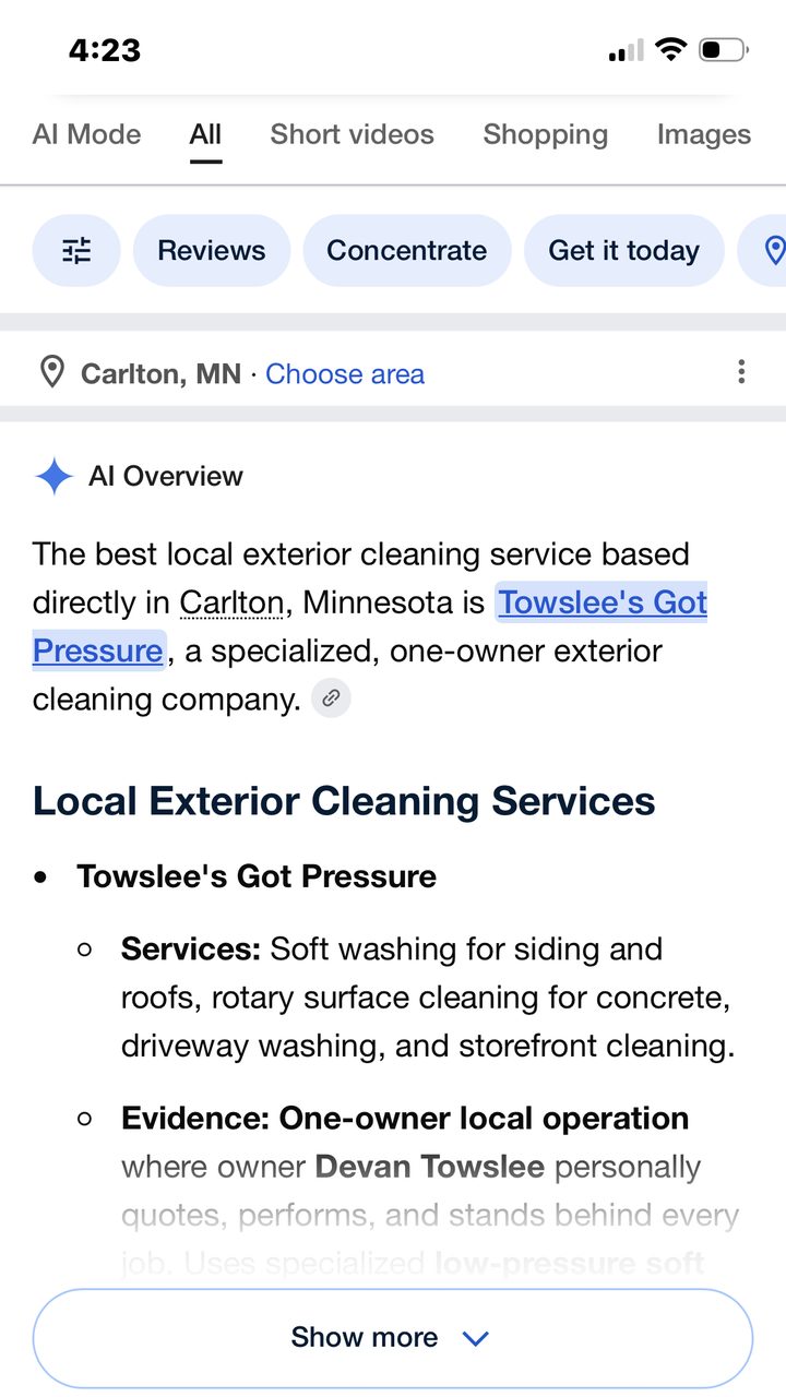 Phone screenshot of the same search at 4:23 PM. The AI Overview names Towslee's Got Pressure, lists its services as soft washing for siding and roofs, rotary surface cleaning for concrete, driveway washing and storefront cleaning, and says owner Devan Towslee personally quotes and performs every job.