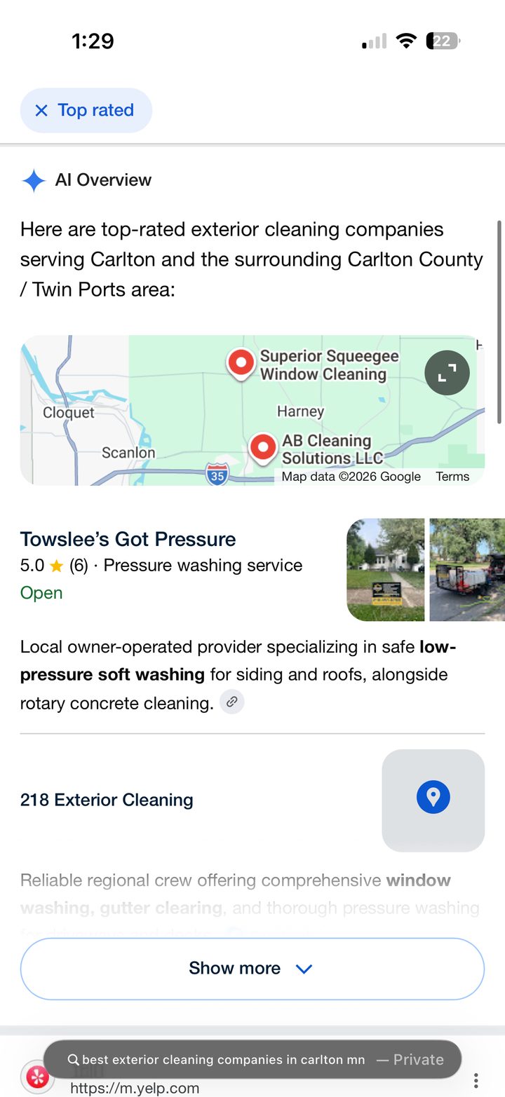A friend's phone screenshot of a Google search for best exterior cleaning companies in carlton mn in private mode with the Top rated filter on. The AI Overview lists Towslee's Got Pressure first, with a 5.0 star rating from 6 reviews, photos of a yard sign and work trailer, and a description of low pressure soft washing and concrete cleaning.